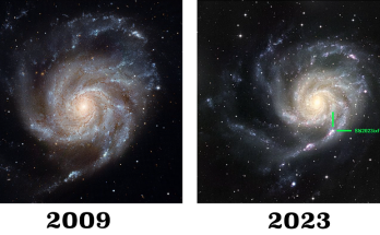 A star in a distant galaxy, named the Pinwheel Galaxy or Messier 101, has just exploded in a supernova. It briefly lights up its corner of the universe, and in doing so, it becomes a beacon across space and time. Picture 2 shows