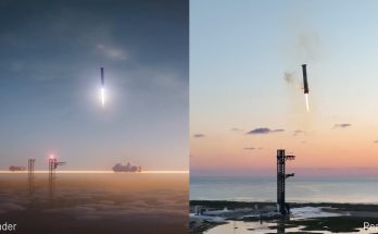 Render (left) versus Reality (right) images of SpaceX's Super Heavy booster launch tower catch